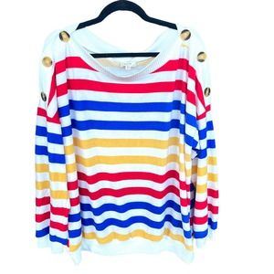 Perch Sweater Womens Plus Size 2X XXL White Striped Boat Neck Long Sleeve